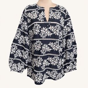 Chico’s Navy White Eyelet Embroidered Tunic Blouse Boho Cotton Size 1 Fits S NWT